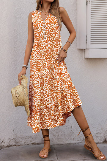 Robe d’été ligne à col en V orange imprimée